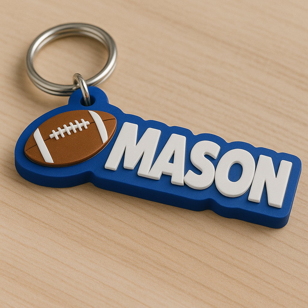  Custom acrylic sports keychains with names and icons for football, cheerleading, and more.