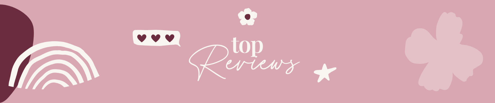 Decorative banner with 'top Reviews' text and icons on a pink background